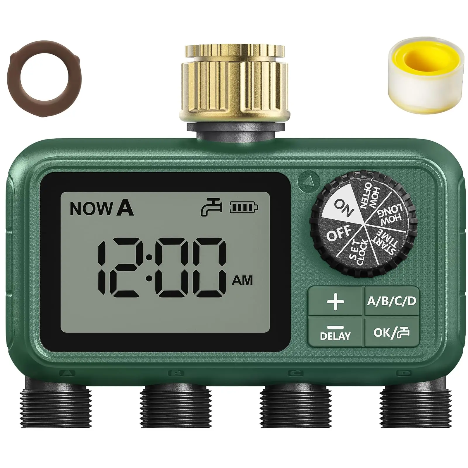 4-Zone Programmable Sprinkler Timer, Automatic Irrigation System with Rain Delay & Manual Watering, Brass Inlet Controller for Garden & Lawn