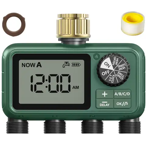 4-Zone Programmable Sprinkler Timer, Automatic Irrigation System with Rain Delay & Manual Watering, Brass Inlet Controller for Garden & Lawn