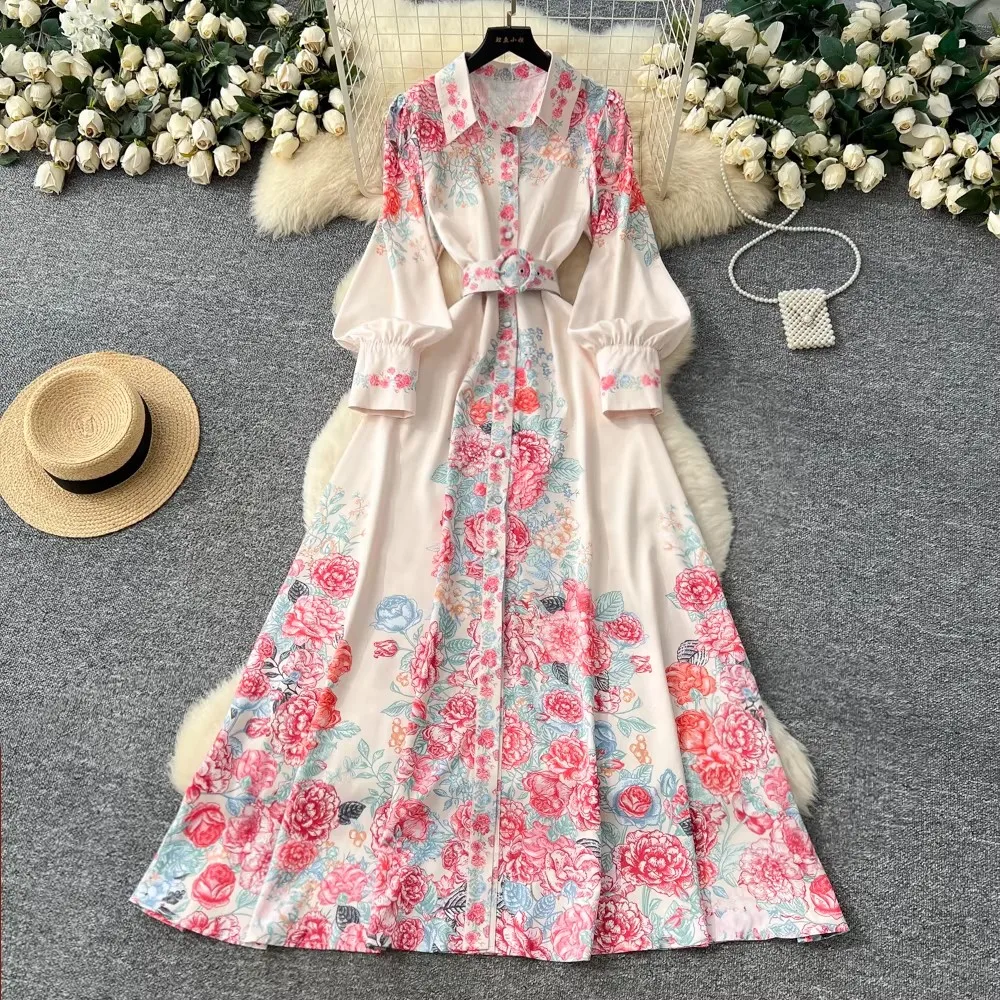 

France Elegant Gorgeous Flower Evening Dress Women Sashes Button Print Long Party Dress Female Casual Chic Festival Clothing New