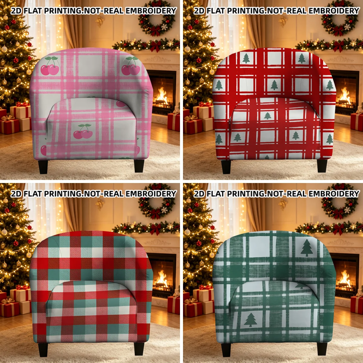 Seamless Christmas Plaid Cherries Trees Printed Armrest Sofa Cover, 2D Printed Elastic Single Club Holiday Decor Sofa Cover