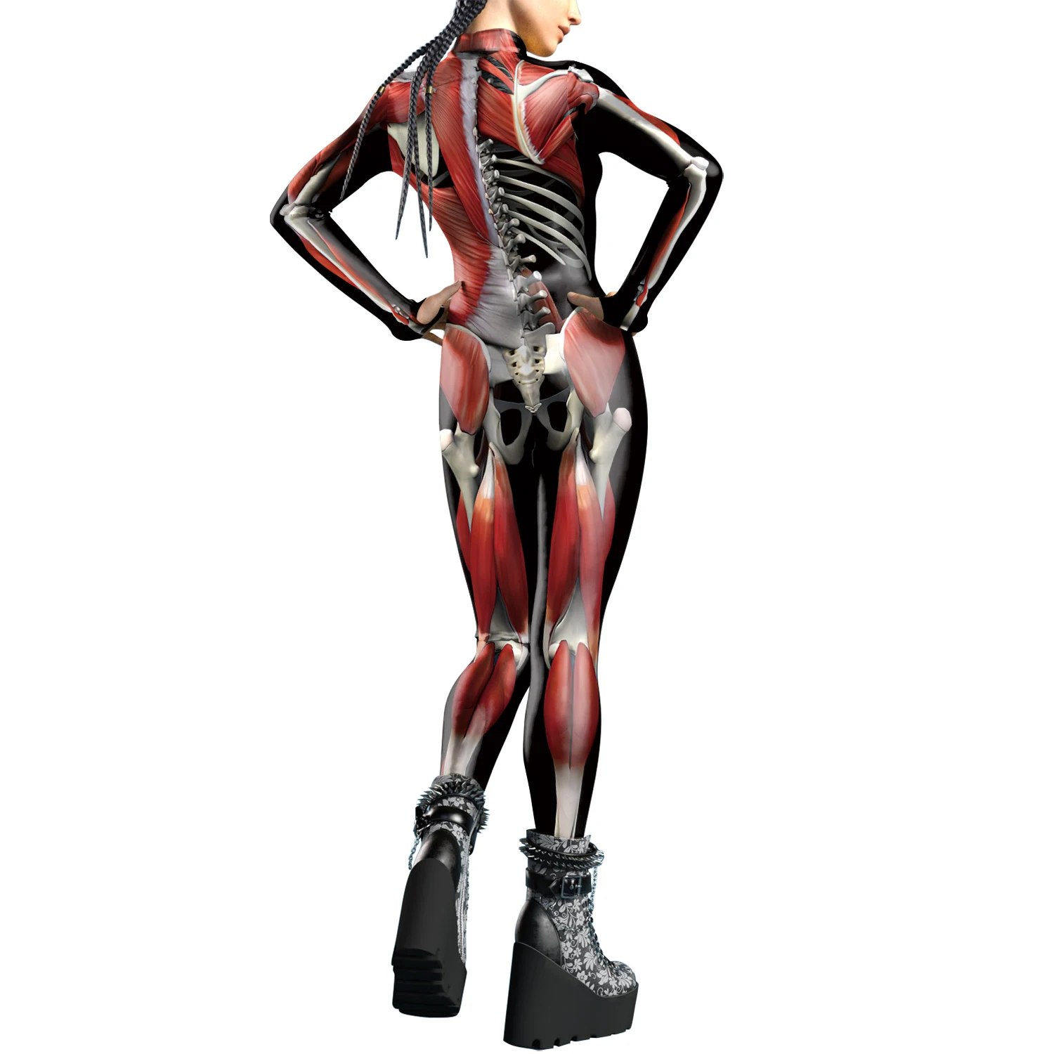 [You're My Secret]Halloween Cosplay Skeleton Printing Bodysuit Skinny Long Sleeve Slim Elastic Jumpsuit Outfit Catsuit for Adult