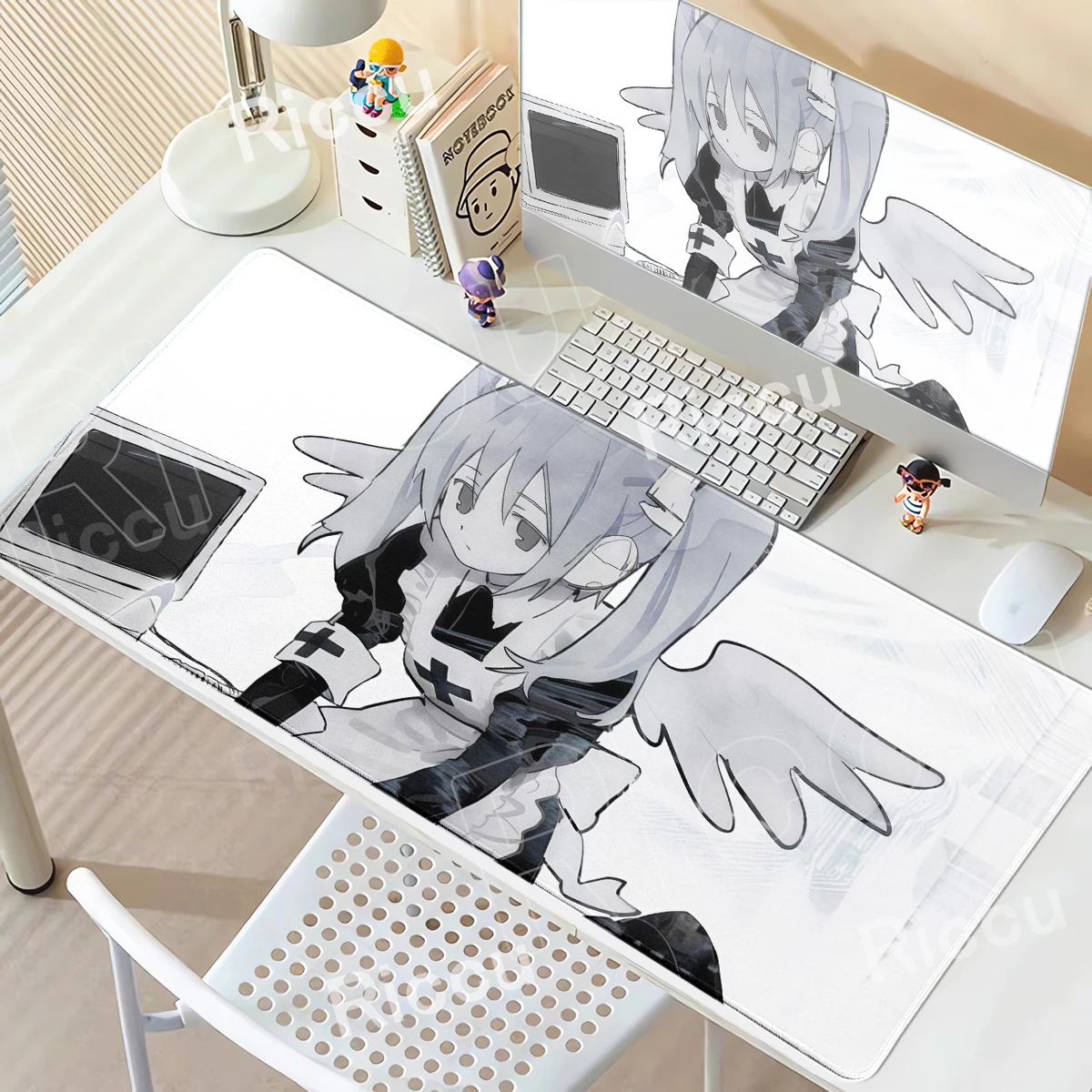 Angel Girl Mouse Pad Kawaii Celestial Aesthetics Design Black White Girls Desk Mat Gaming Pad Tablemat For Bedroom Decor & Anime