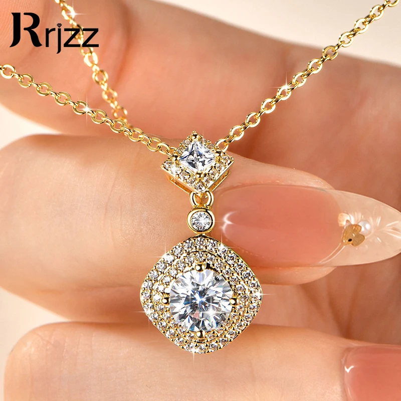 Rrjzz Exquisite 6.5mm Round D-Color Moissanite Pendant Necklace 1CT Light Luxury Halo Necklace for Women Birthday Jewelry Gifts