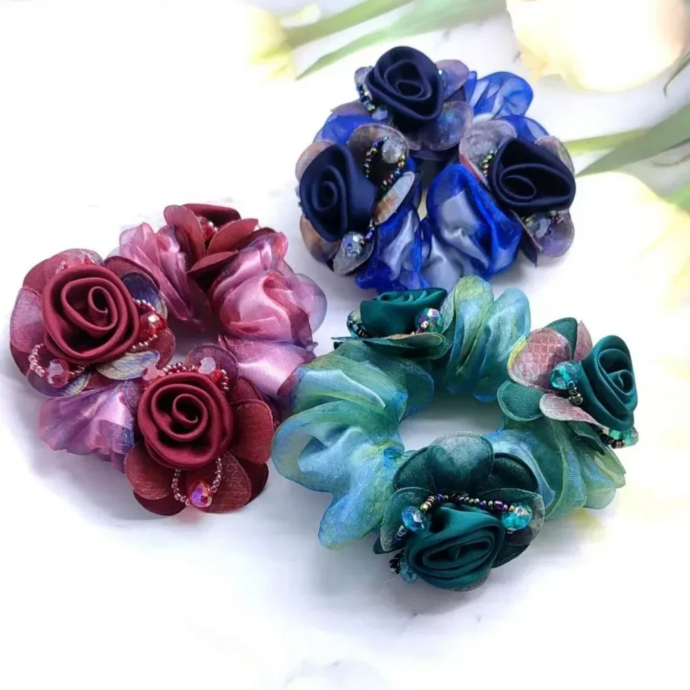 3 Flowers Silk Yarn Hair Bands Mother Head Flower High Elastic Rubber Band Ponytail Bun Updo Hair Large Intestine Ring   곱창밴드