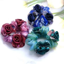 3 Flowers Silk Yarn Hair Bands Mother Head Flower High Elastic Rubber Band Ponytail Bun Updo Hair Large Intestine Ring   곱창밴드