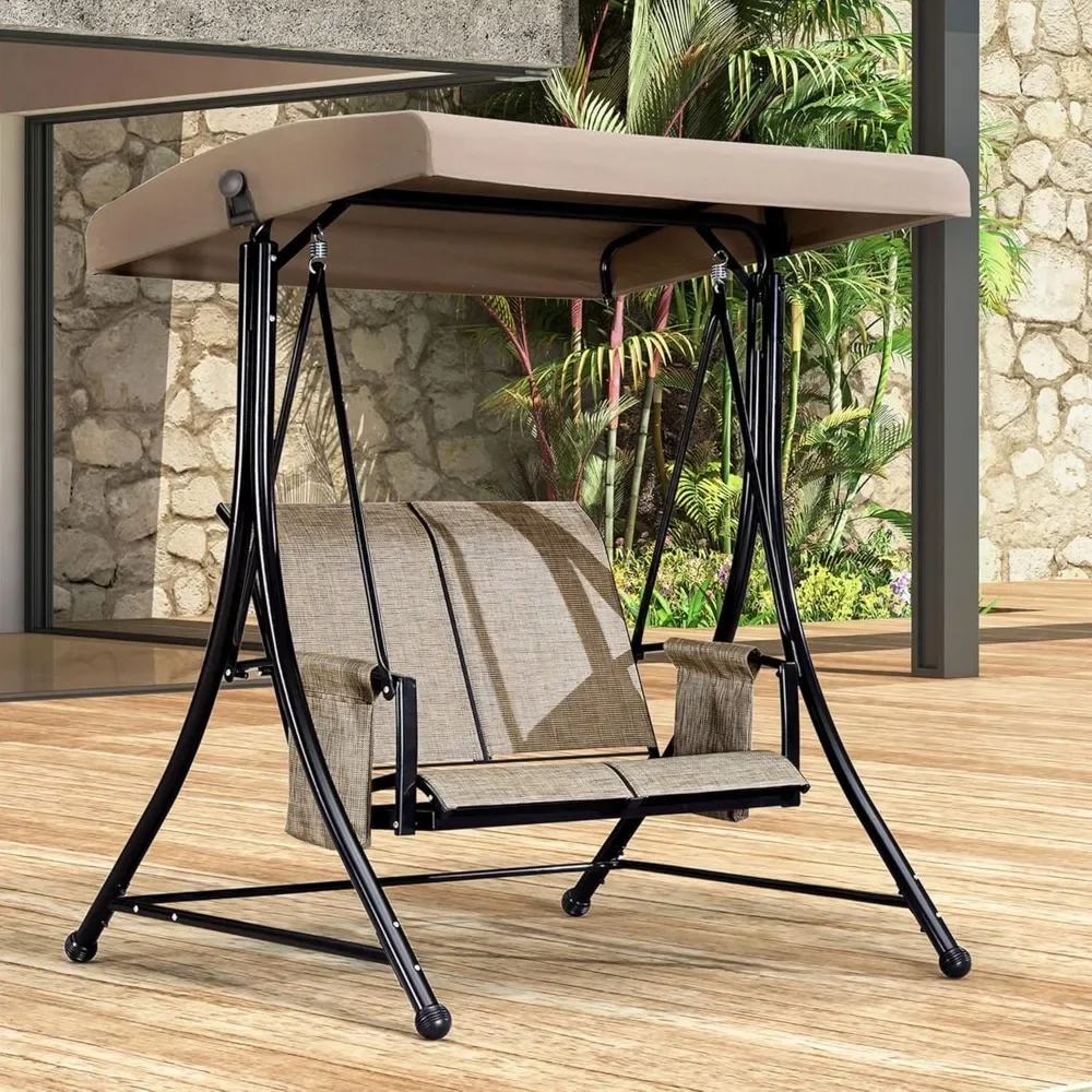 

Beige 2-Seat Deluxe Outdoor Patio Porch Swing 484D x 59W x 704H , Adjustable Tilt Canopywith Weather Resistant Steel Frame