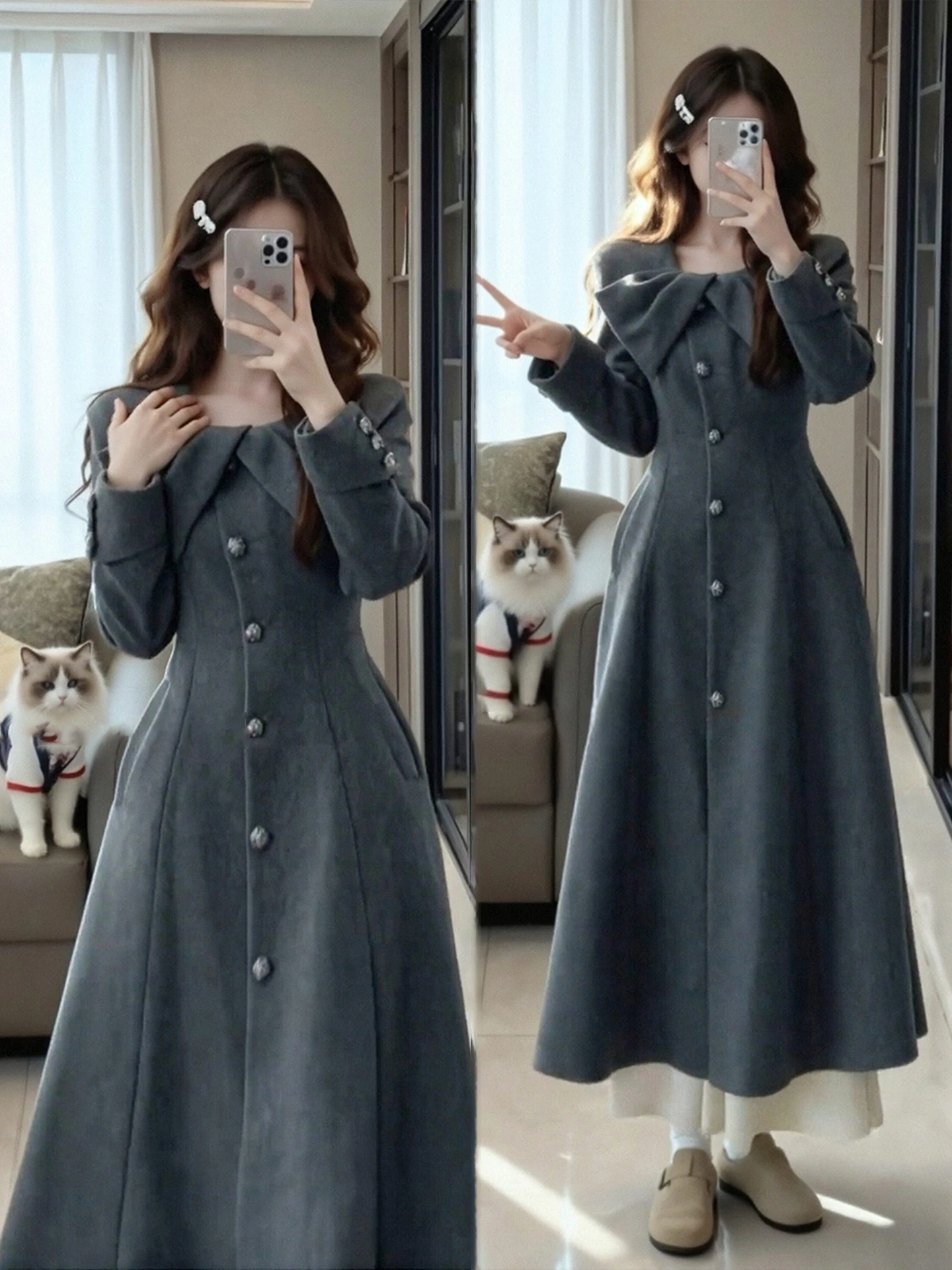 

Ele Mid-Length Woolen Coat Women's Autumn Winter plus Size Slimming High Waist Design Faionable French Sle Outerwear
