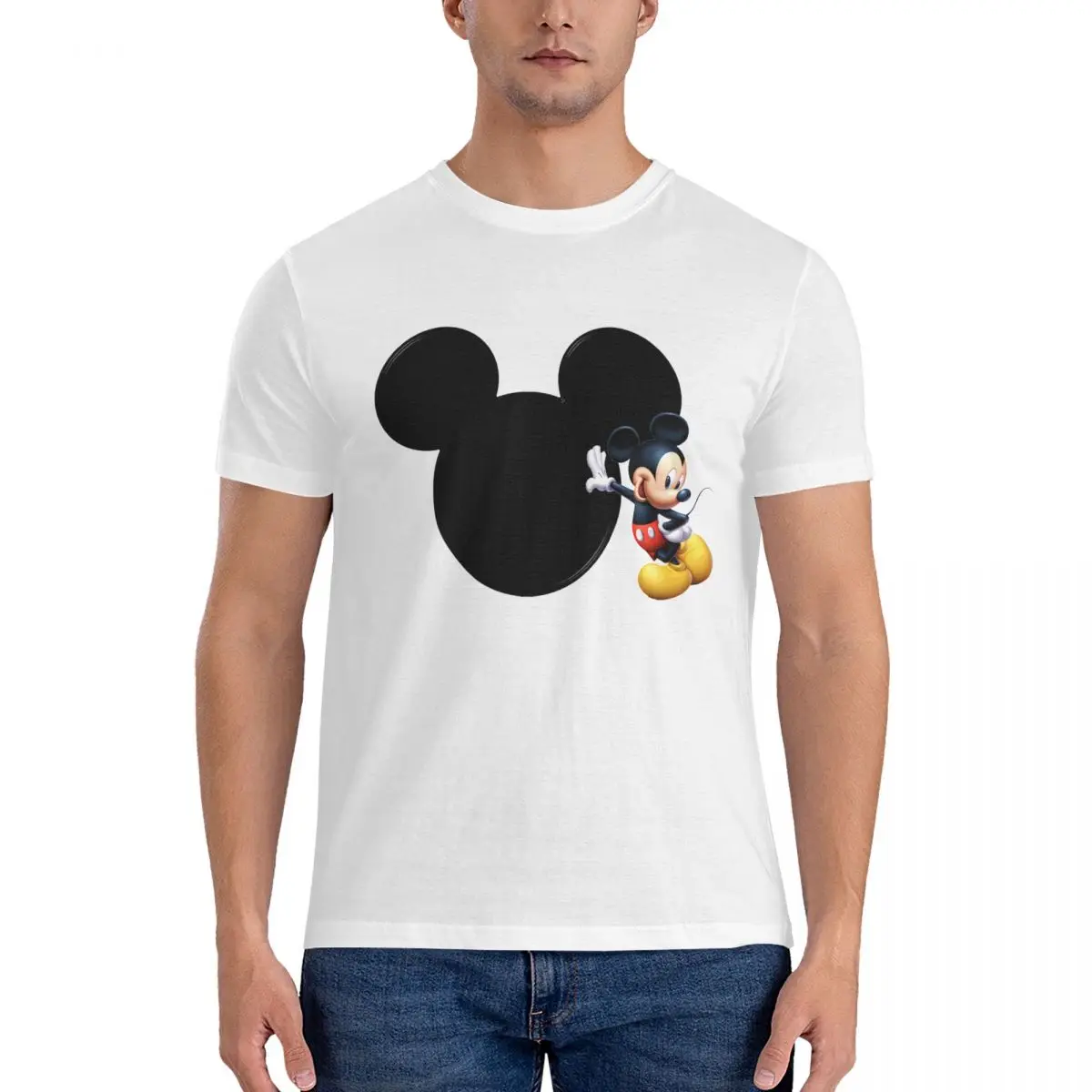 Black Head Men T Shirts Disney Mickey Mouse Cartoon Novelty Tee Shirt Short Sleeve Crew Neck T-Shirts Cotton Birthday Gift