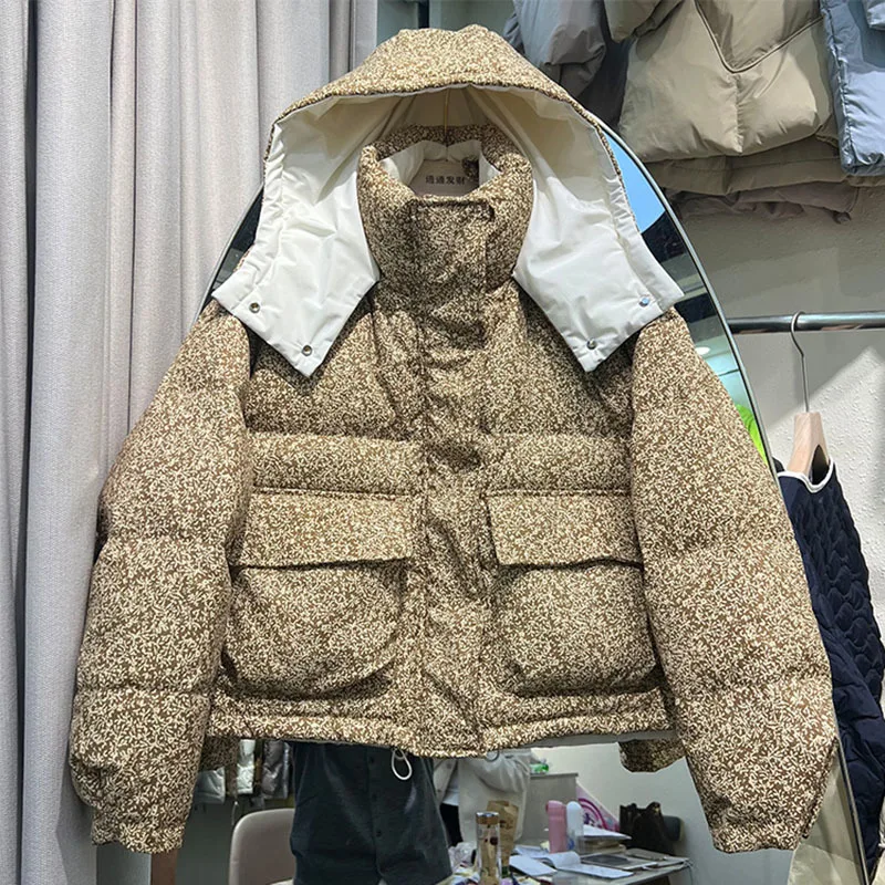 2022 Newest Luxury Winter Loose Fit Puffer Jacket Women Leopard Print Short Casual Zipper Thicken Warm 90% White Duck Down Coat