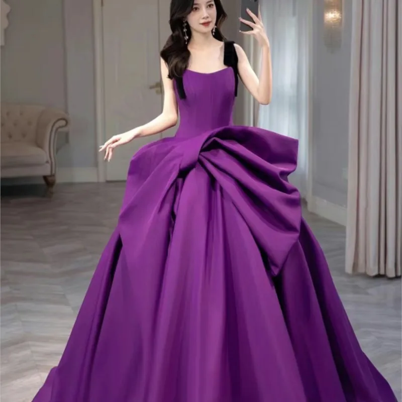 Purple satin fashion retro simple atmosphere performance gala dress