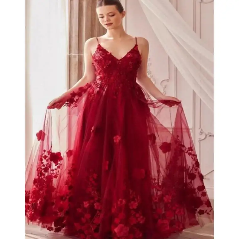 Strap V-neck Bridal Wine Red Shoulder Toast Dress Sexy Student Adult Ceremony Ball Flower Puffy Skirt Dress Customized