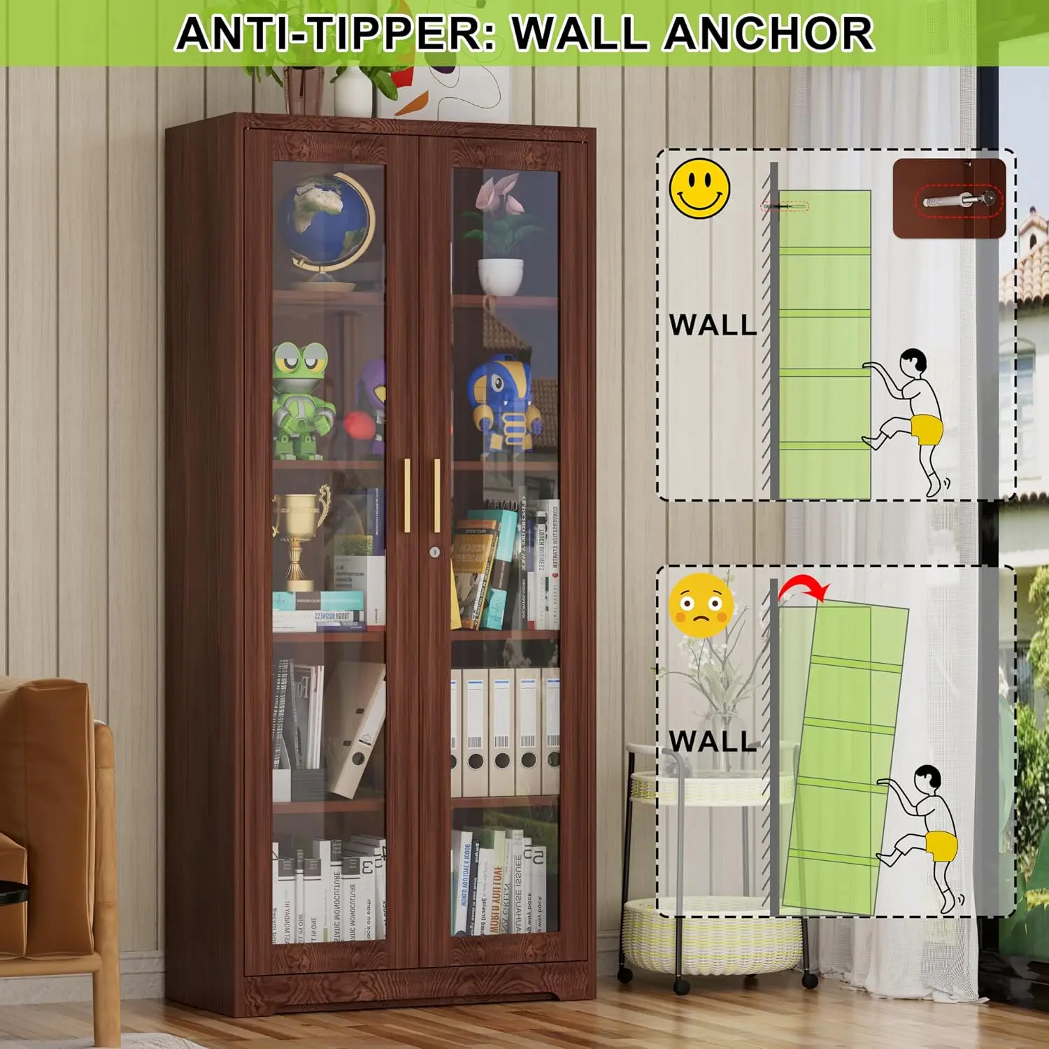 Glass Door Display Cabinet with Locking Doors for Home Storage & Collection Showcase, Customized