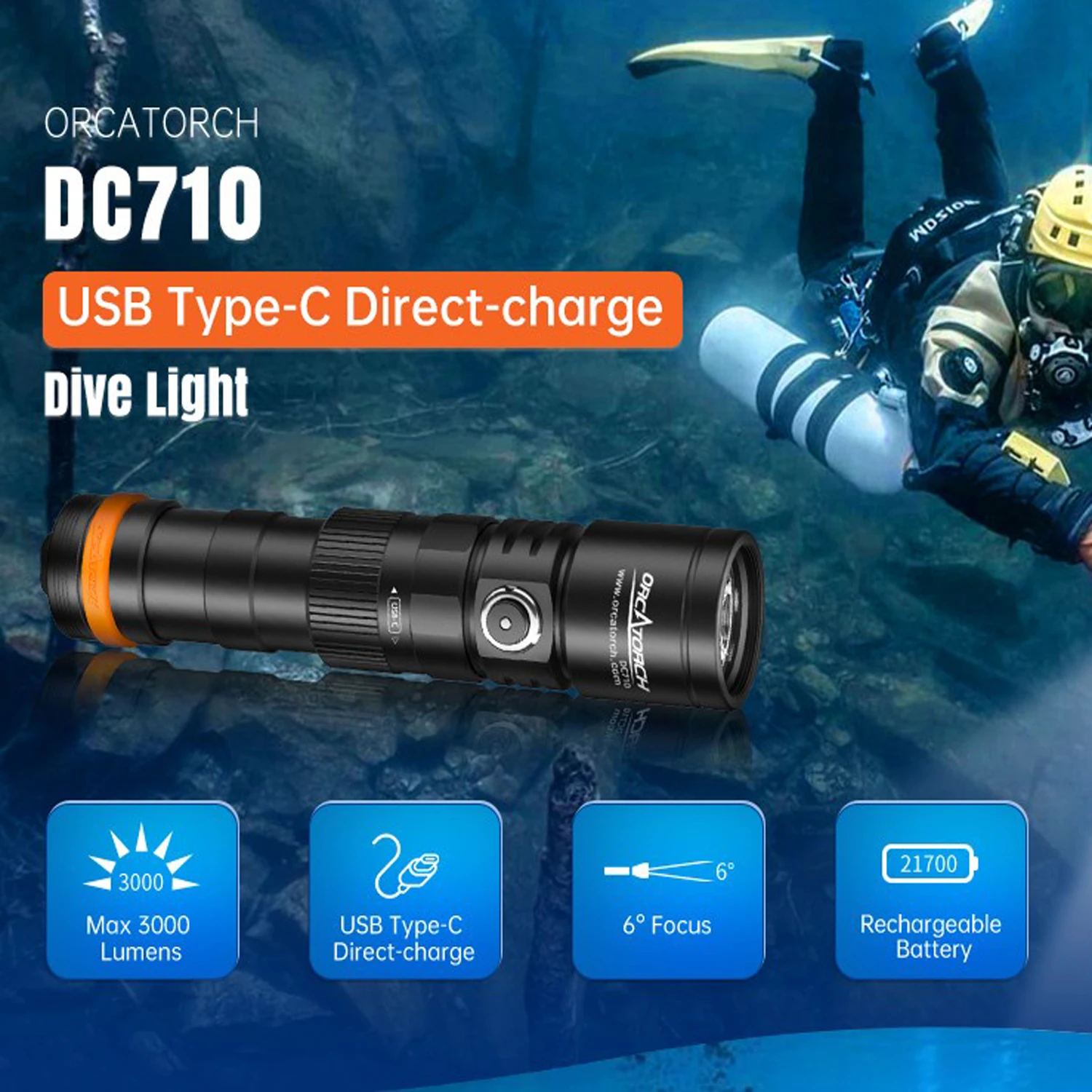 ORCATORCH DC710 Dive Light Underwater Lantern Professional Diving Flashlight Powerful LED Diving Torch Powered by 21700 Battery