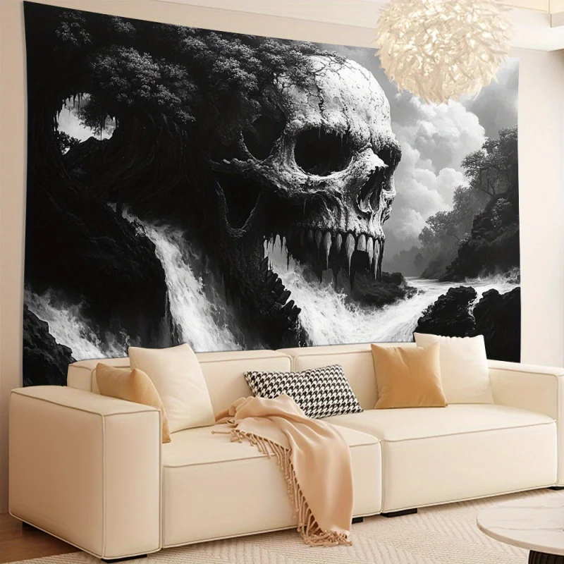VIKAMA Black and White Skeleton Forest Tapestry Dark Art Waterfall Mysterious Personality Style Living Room Room Decoration
