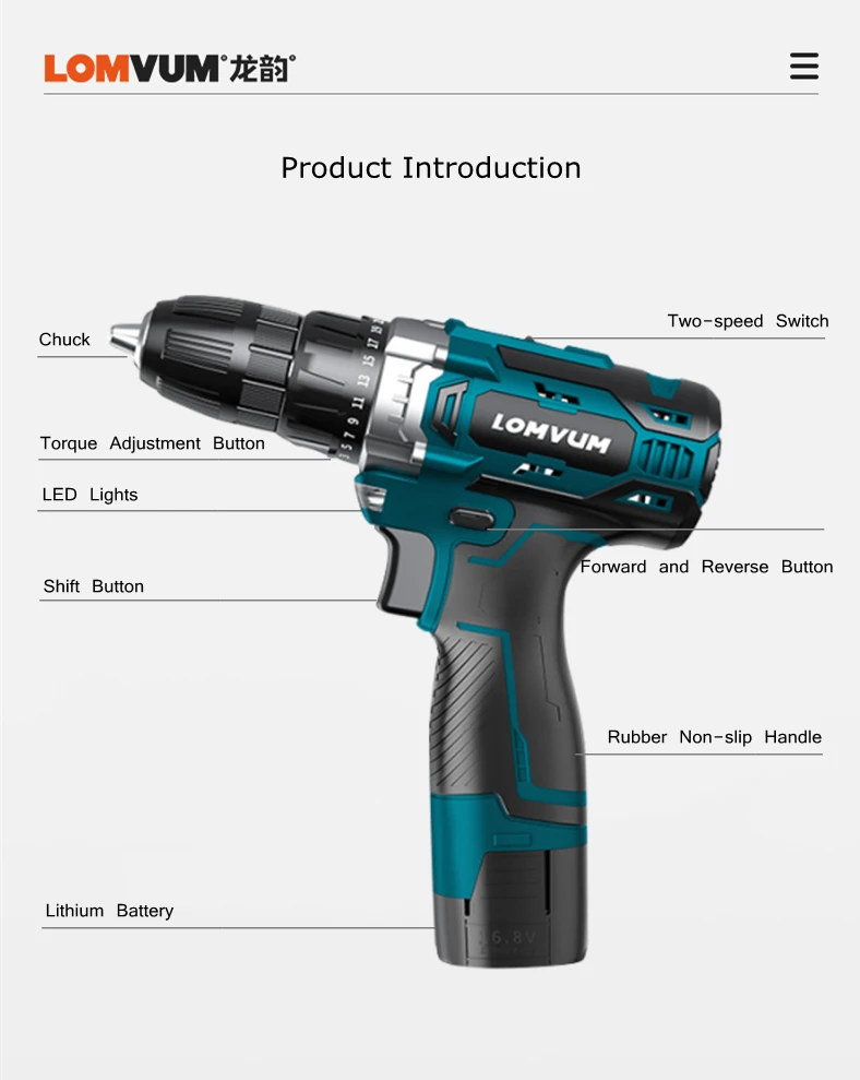 Imagem -02 - Lomvum-elétrica Cordless Drill Wall Screwdriver com Caixa de Plástico Home Elétrica Cordless Screwdriver Bateria de Lítio Recarregável 20v 16.8v