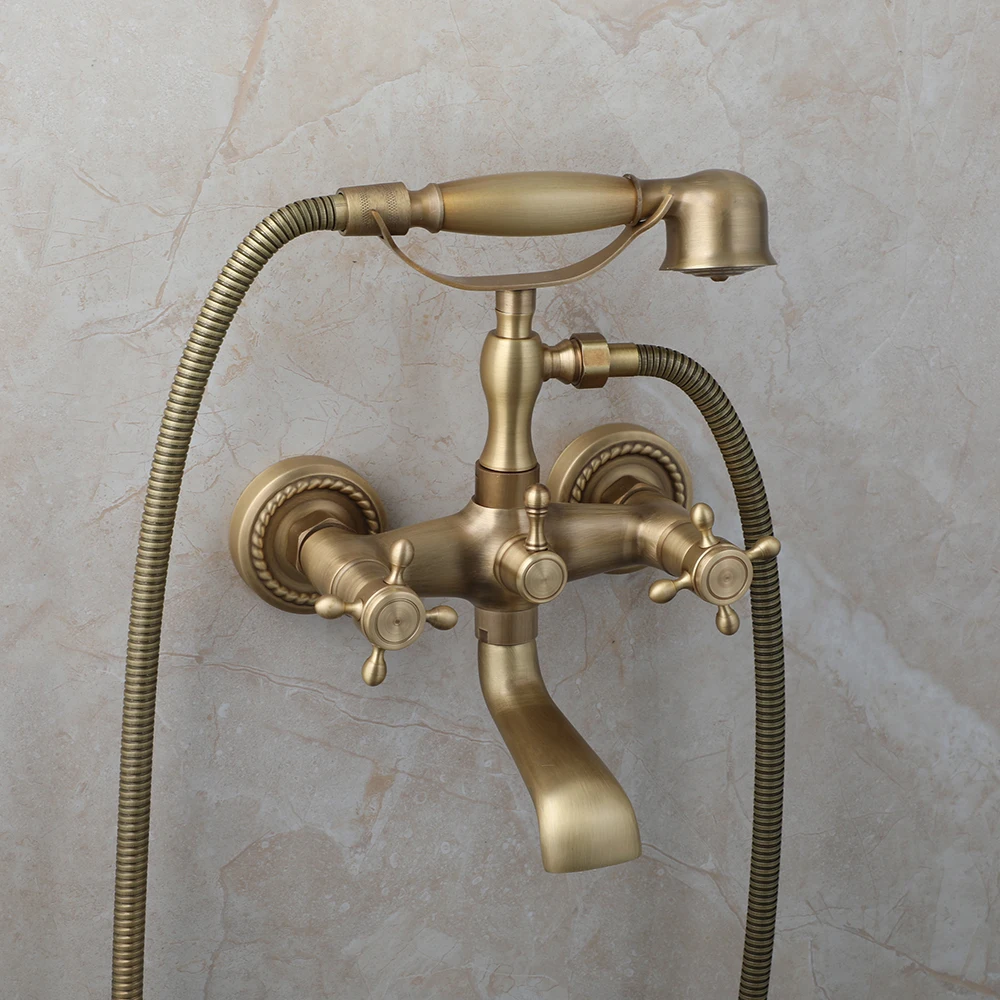 KEMAIDI Shower Faucet Set Antique Brass 2 Functions Soild Brass Bathtub Faucets Dual Handle Hot And Cold Mixer Wall Mounted