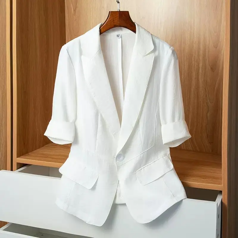 

Women Blazer Office Ladies Thinsuit Short Sleeve Korean Coat Single Button Pocket Black White Clothing Simple Temperament Cozy