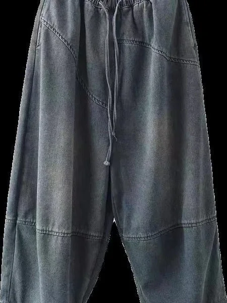 Pantalon sarouel rétro fait à la main pour femmes, taille élastique, amincissant, décontracté, en coton, taille haute, coupe ample, été 2025