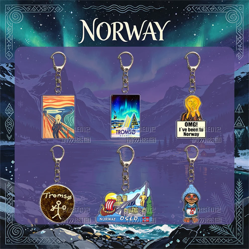 Norway Acrylic Keychain Tourist Souvenir The Scream Oslo Tromso Aurora Nordic Travel Gift Key Ring Pendant Landmark Checkin Gift