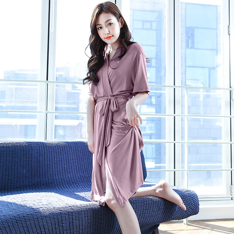 2023 New Summer Women Modal Purple Robe Short Sleeve V-Neck Cardigan Nightgown One-Piece Bathrobe Fashion Home Wear Kimono