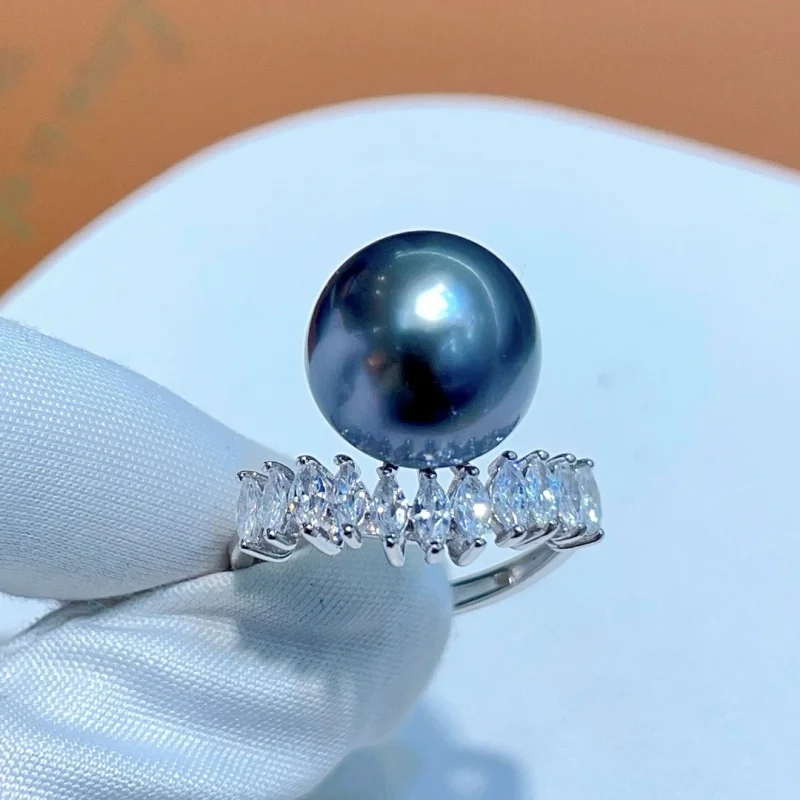 

SGARIT 925 Sterling Silver Seawater Pearl Ring for Women Near Round Tahiti Black Pearl Fashion Wedding Jewelry Gifts