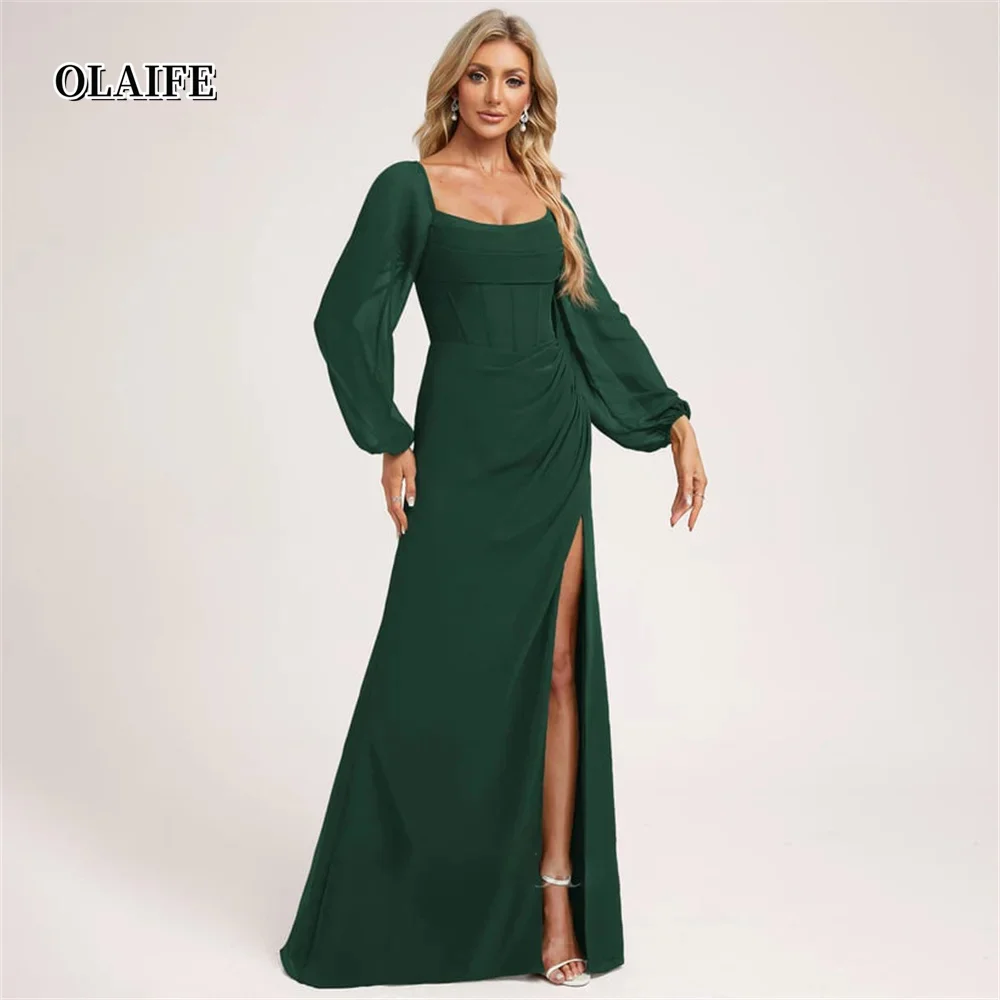 New A-line Bridesmaid Dress Scoop Neck Simple Long Sleeves Side Slit Floor-Length Chiffon Bow Back for Weddings