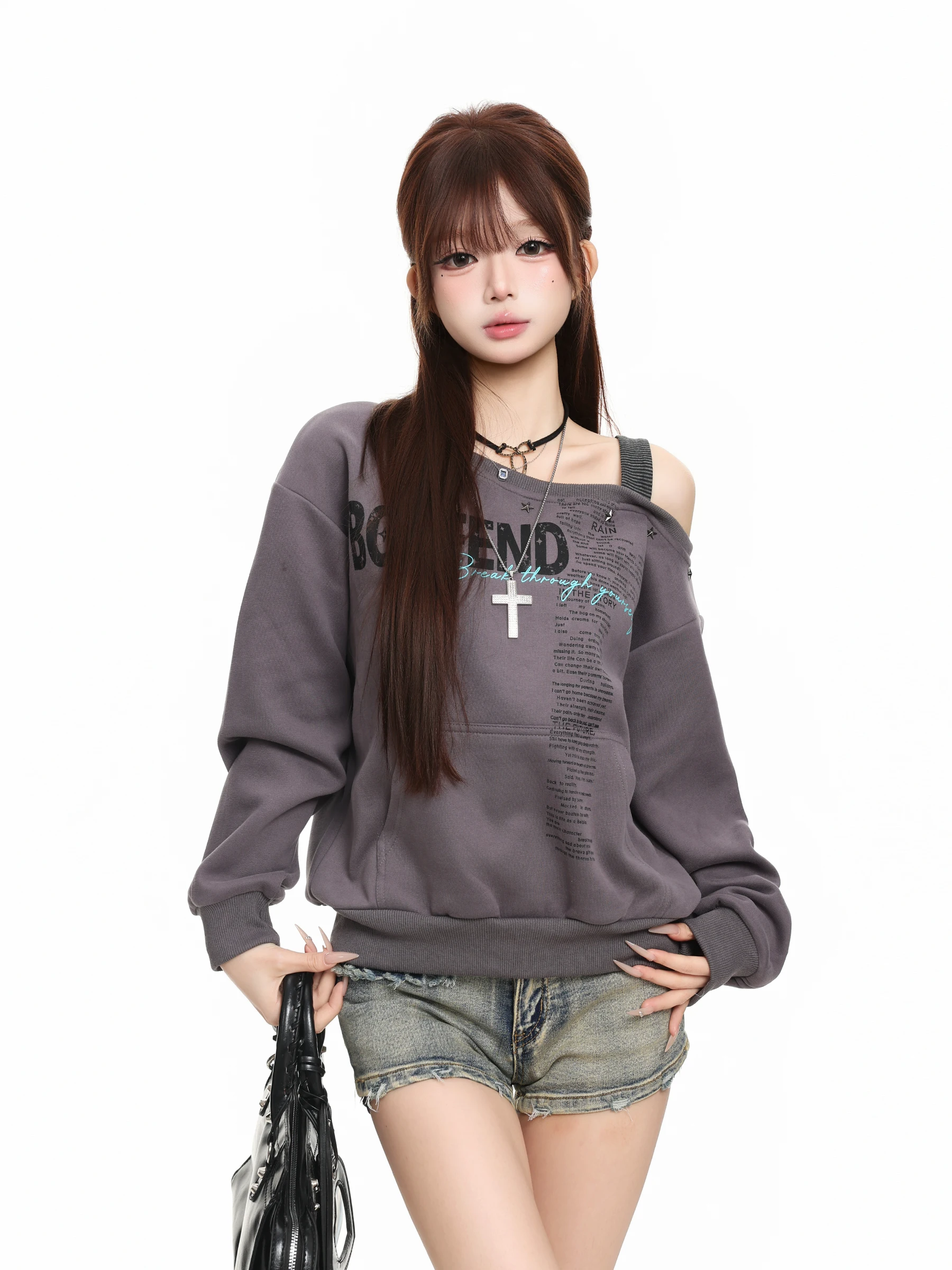 BASTERDS American Letter Print Spicy Girl Sloppy Shoulder Hoodie Women's Loose Slimming Shoulder Bared Top for Autumn