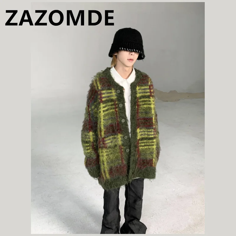 ZAZOMDE Wihter Vintage Striped Green Cardigan Sweater Men High Street Oversize Button Jumper Harajuku Loose Hip Hop Knitwear Top