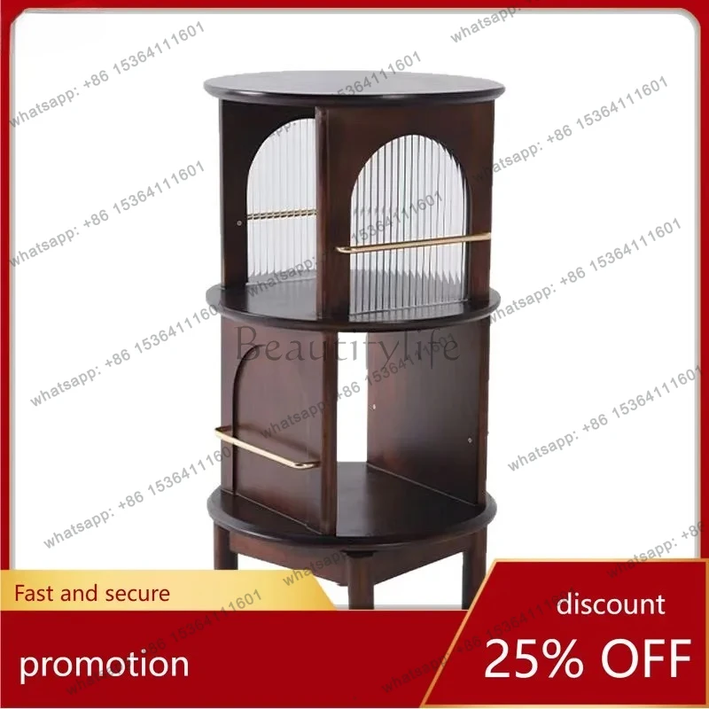 Solid Wood Rotating Bookshelf Elevated Storage Rack Vintage Corner Cabinet Sofa Side Cabinet