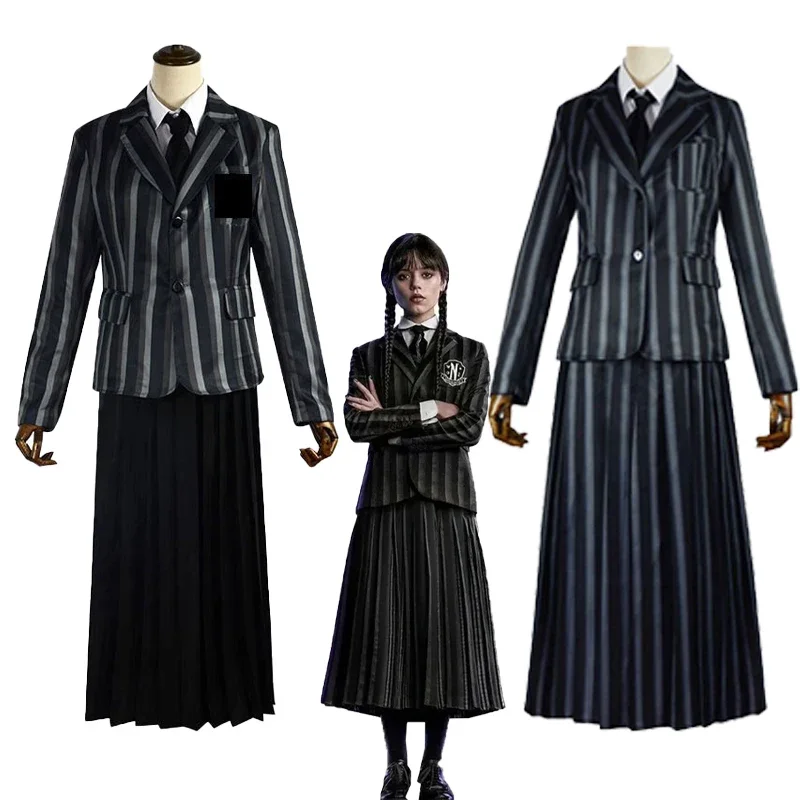 Disfraz de Cosplay de Anime Wednesday Addams, uniformes escolares a rayas de la Academia Nevermore para niñas y niños, peluca para fiesta de Halloween, vestido elegante
