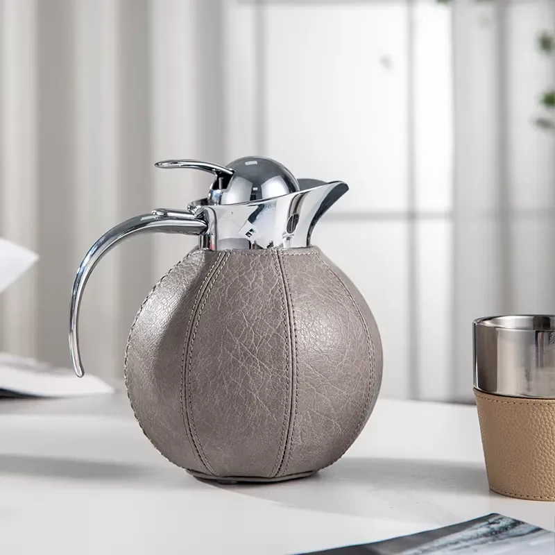 Hotel Metal Kettle Customized Luxury Leather Thermal Kettle High-end Hotel Service 316 Stainless Steel Kettle