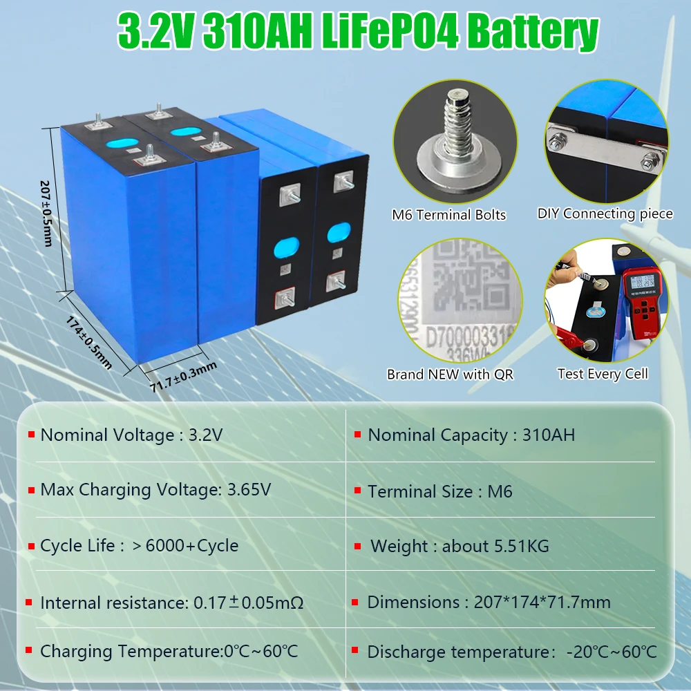 3.2V 310AH LiFePO4 Battery Cell Grade-A, 6000+ Cycles Clear QR Code DIY 12V 24V 48V Lithium Iron Phosphate Battery with Studs