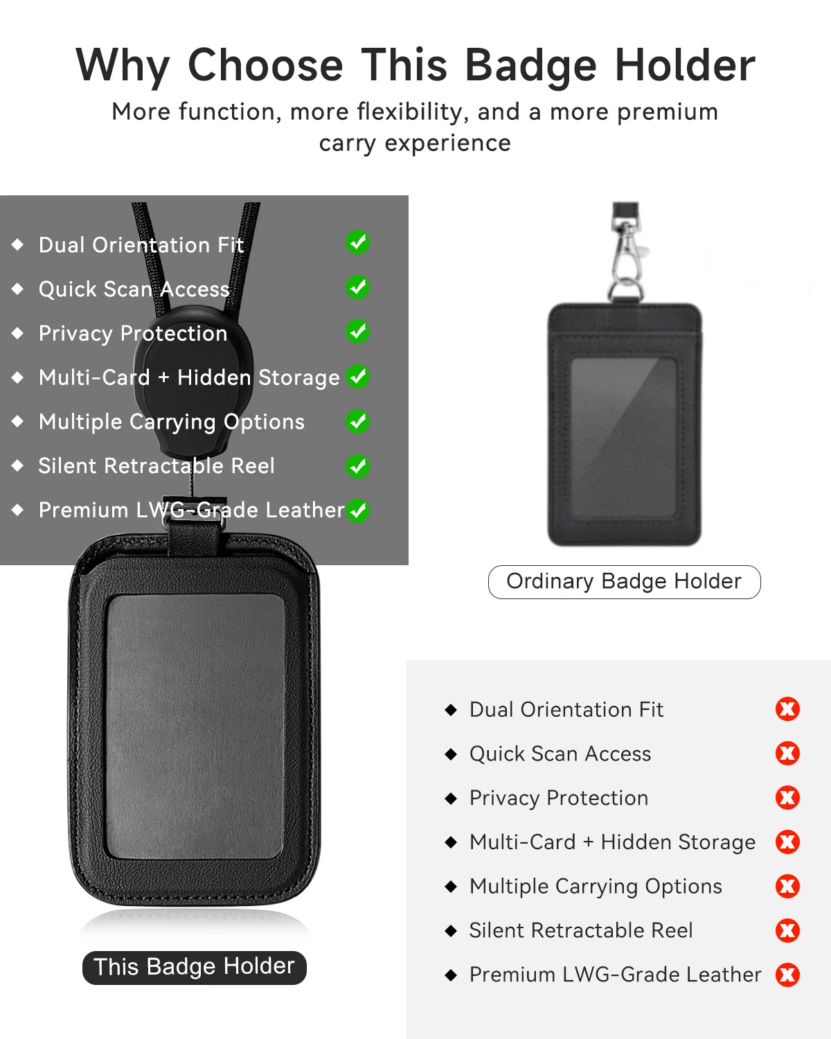 CASEKEY Adjustable Horizontal Vertical Yoyo Cow Leather ID Card Badge Holder with Long Neck Strap for Employee Doctor Nurse