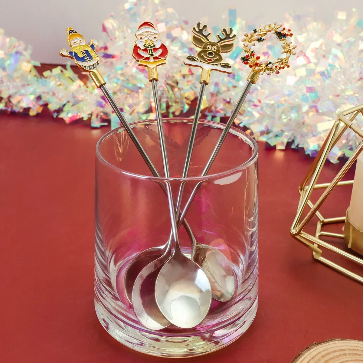 Christmas Spoon and Fork Cartoon Santa Snowman Reindeer Design Coffee Scoop Dessert Fork Ideal for Holiday Gift Party Tableware