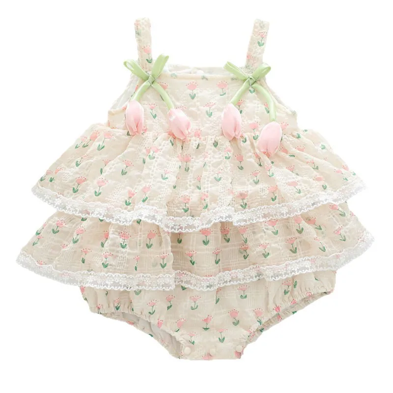2026 Baby Girl Summer Princess Strap Bodysuit 0-2Y 3D Flower Thin Breathable Lace Tutu Infant Romper Newborn 100 Days Outfit