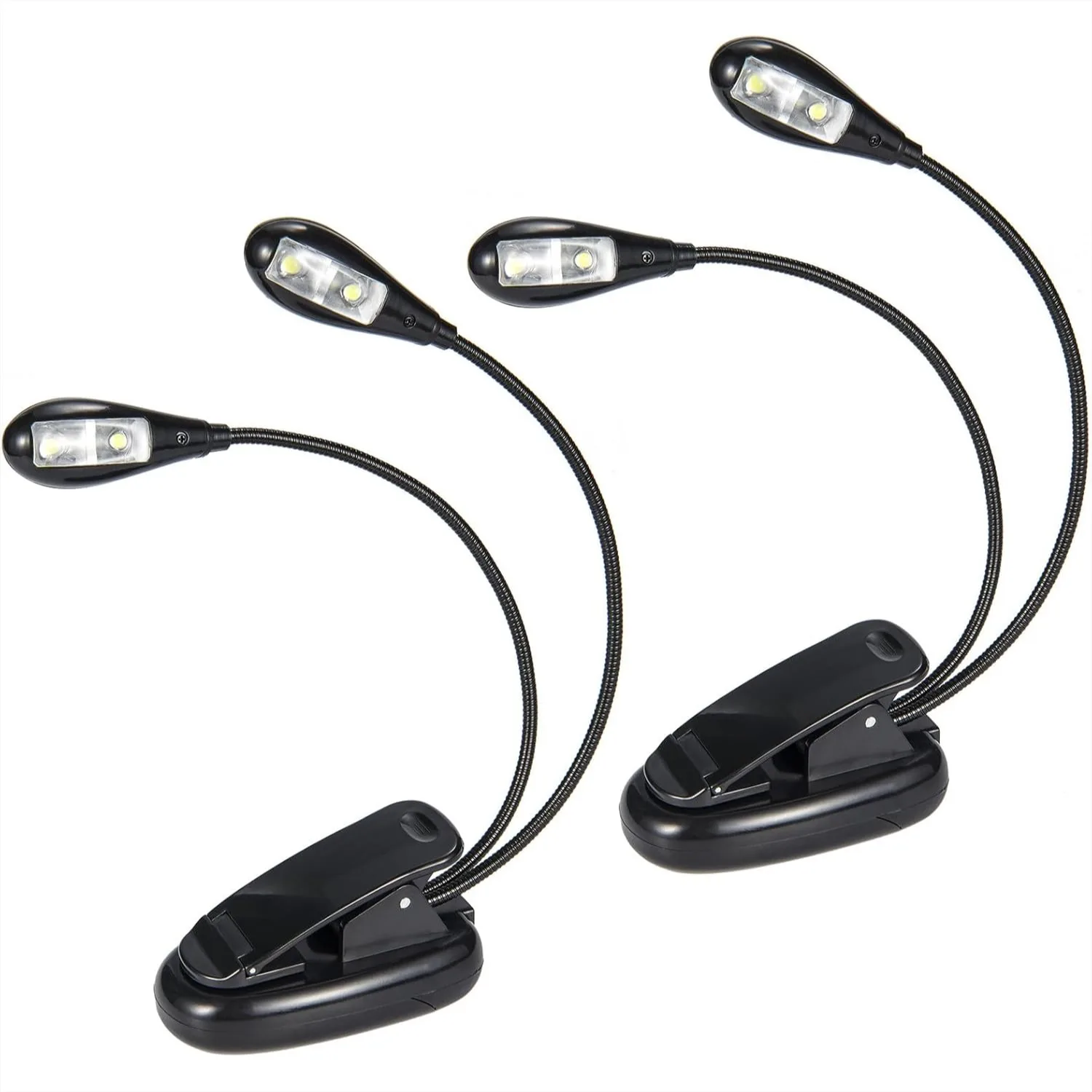 

Clip On Book Light 2 Pack, USB and Battery Operated Reading Lamp with 2 Brightness Levels, Dual Arm LED Light for Musician, Piano Player, Travel