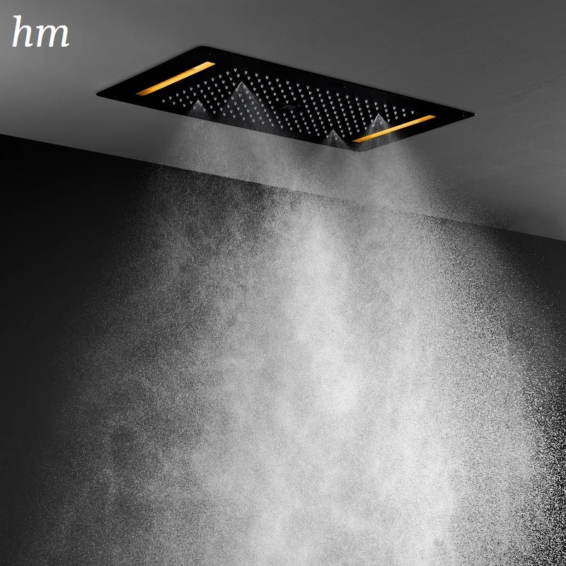 Imagem -03 - Luxo Preto Sistema de Chuveiro Conjunto Misturador Termostático Grande Cachoeira Chuva Massagem Painel Chuveiro do Banheiro Led Torneira do Chuveiro hm