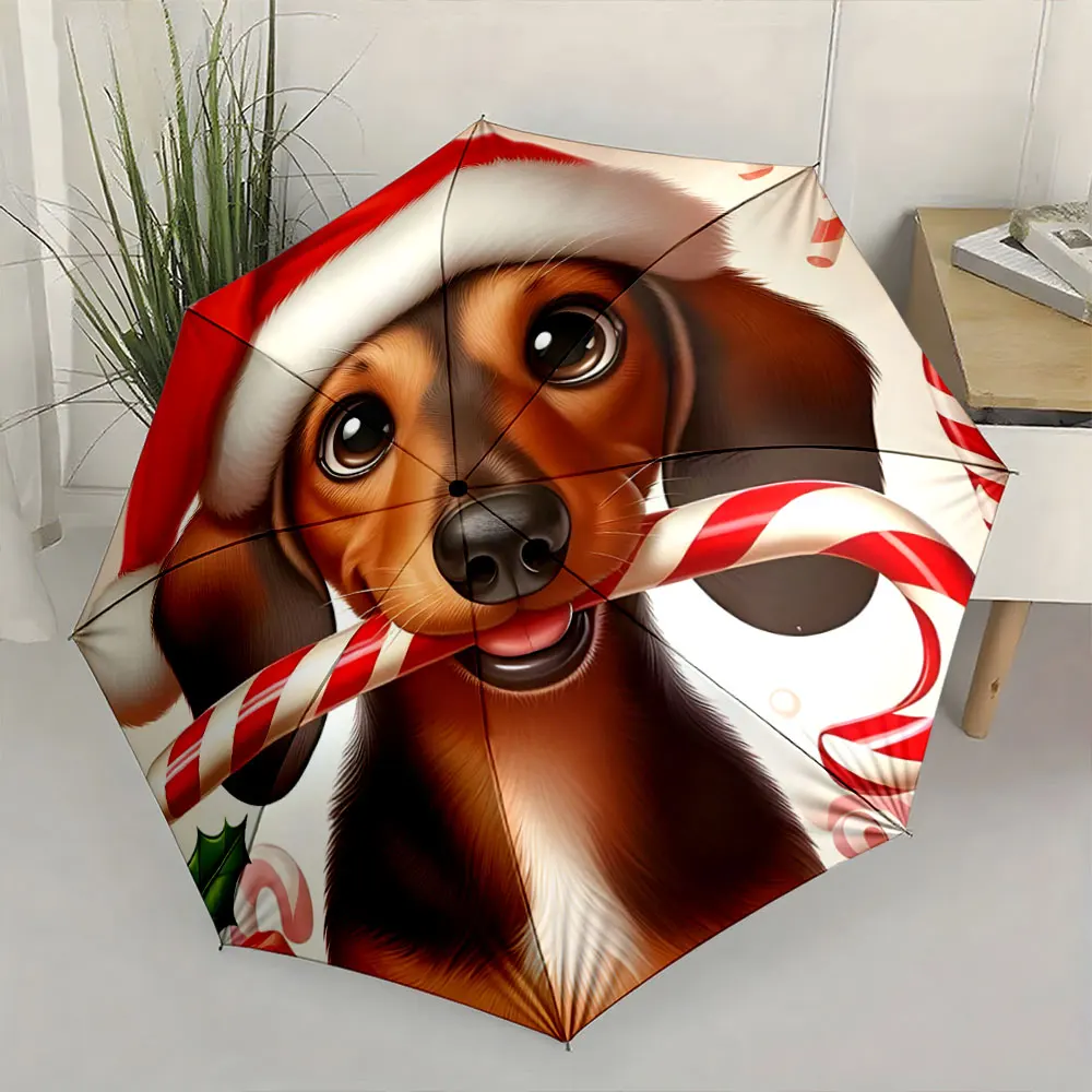 1PC Festive Dog Graphic Umbrella with Candy Cane Theme Print 8 Iron Ribs Folding Umbrella Auto-Open Fashion Sunshade