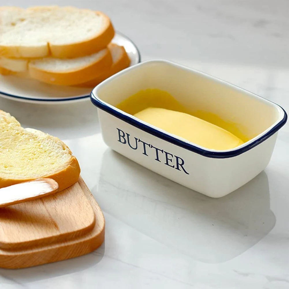 FAST-Butter Box Nordic Style Ceiling With Wood Lid Food Dish Enamel Cheese Storage Tray Plate Container For Kitchen Tool