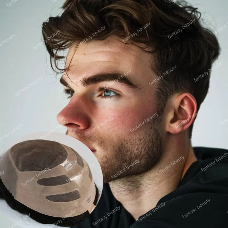 

V Loop 100% Human Hair Toupee For Men Breathable Fine Mono Lace Top bond men toupee 110% density European Human Hair Prosthesis