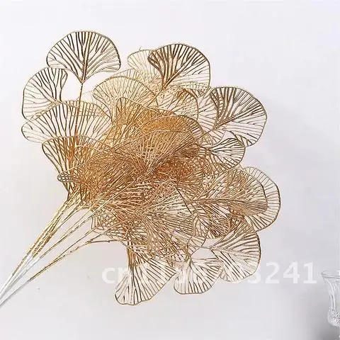 1PC Artificial Gold Ginkgo Eucalyptus Holly Three-pronged Fan Leaf Netting for Wedding Arch Flower Arrangement Home Decor Crafts