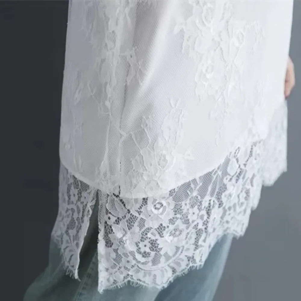 New Lace Trim Vest Solid Tone Slimming Effect Loose Fit Blouse Mid Length Wide Size Plus Size Outfit Cafe Meet Gather