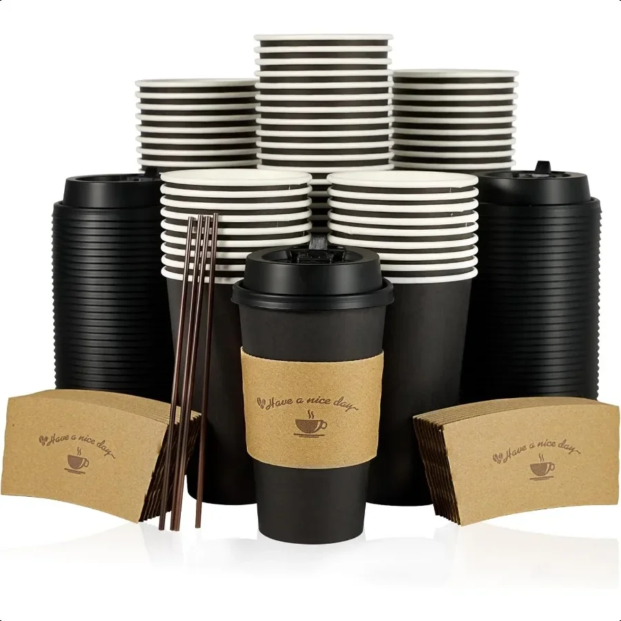

100 Pack 16 oz Paper Coffee Cups with Lids Black Coffee Cups with Lids Sleeves and Stirring Sticks for Parties Picnic Travel a