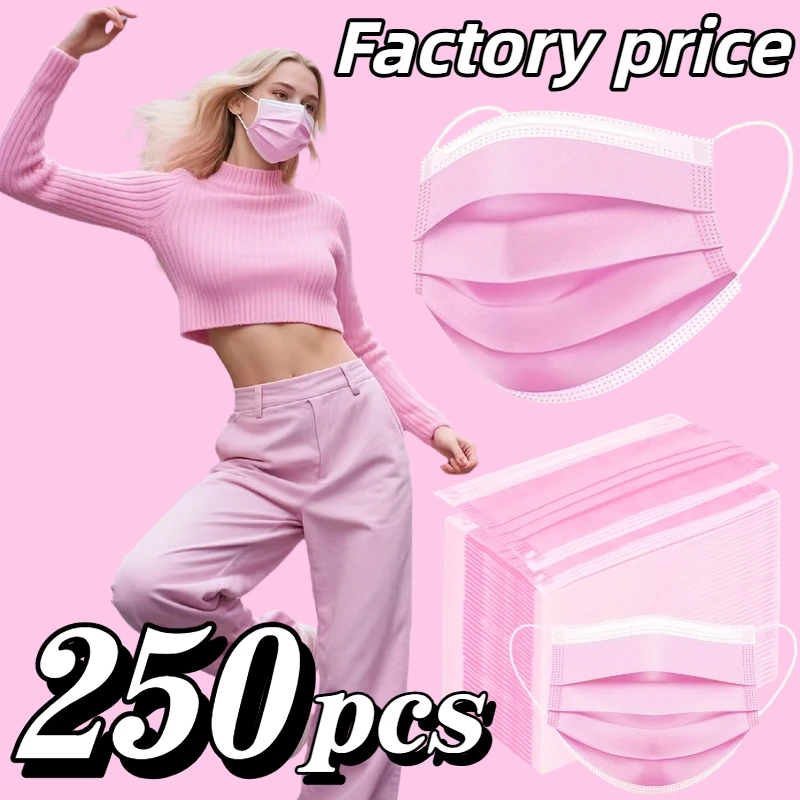 250 Pieces! Thickened Pink Disposable Masks - 3 Layers, Breathable and Comfortable, Adjustable Ear Loops and Snugly Fitting Nose Pads - 250/150/50/10 Pieces, Cheap for Home Use, Can Be Purchased in Bulk, Perfect for Ou