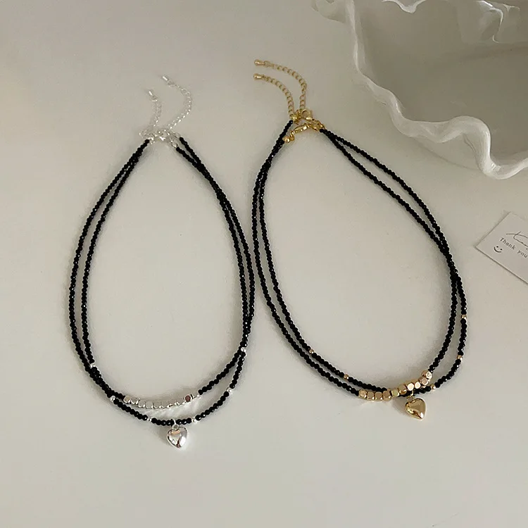Black Crystal Metal Love Necklace Female Niche Design Retro Personality Simple Versatile Temperament Neck Chain Collarbone Chain