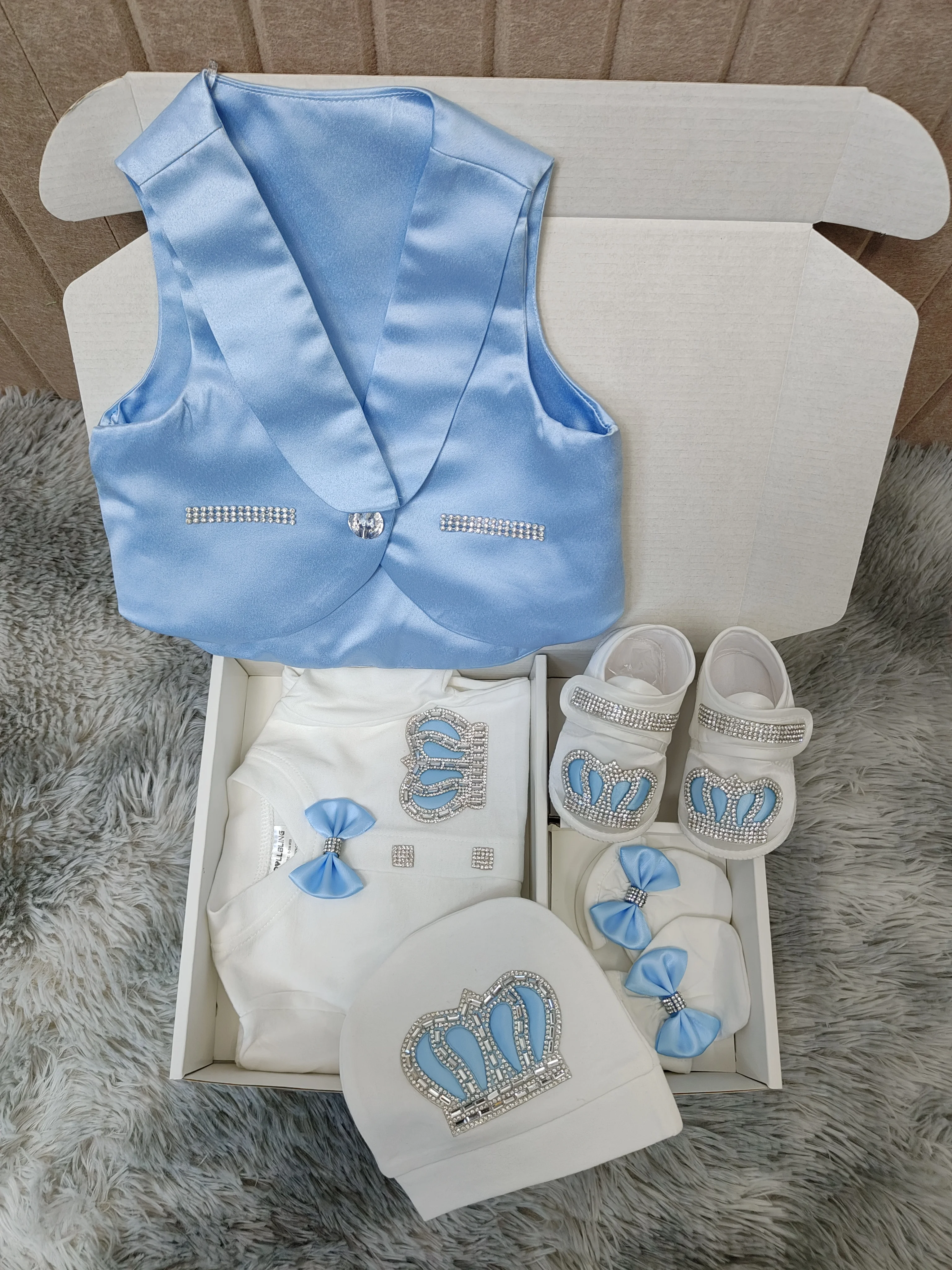 Royal Baby Boy Prince Style 5Pcs Blue White Rhinestone Footed Romper Christening Baptism Formal Suit Hat Shoes view 5
