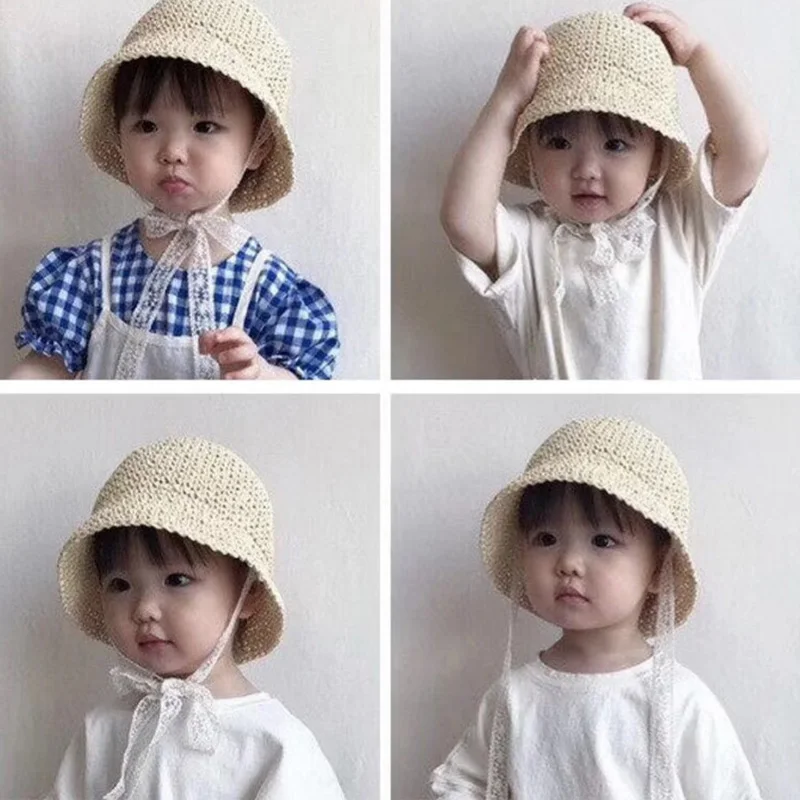 Summer children\'s straw hat ins baby lace lace straw hat Korean baby sun protection hat girls fisherman hat