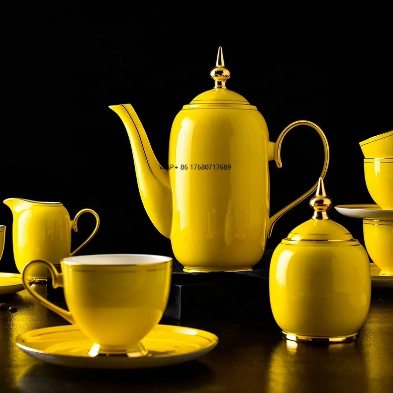 Yellow Glazed Tea Set Tea Pot Cup Dish Set 15 Head Coffee Set Gift