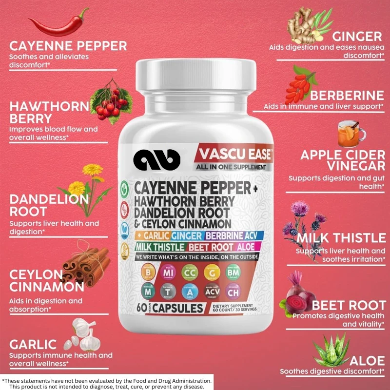 Cayenne chili supplement contains hawthorn berry capsules, dandelion roots, garlic, ginger, aspartic acid, milk thistle, etc