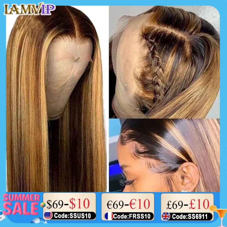 

30/40 inch 13x6/13x4 HD Lace Frontal Wig for Black Women Straight Remy 4x4 Human Hair Ombre P4/27 Piano Highlight Color Glueless